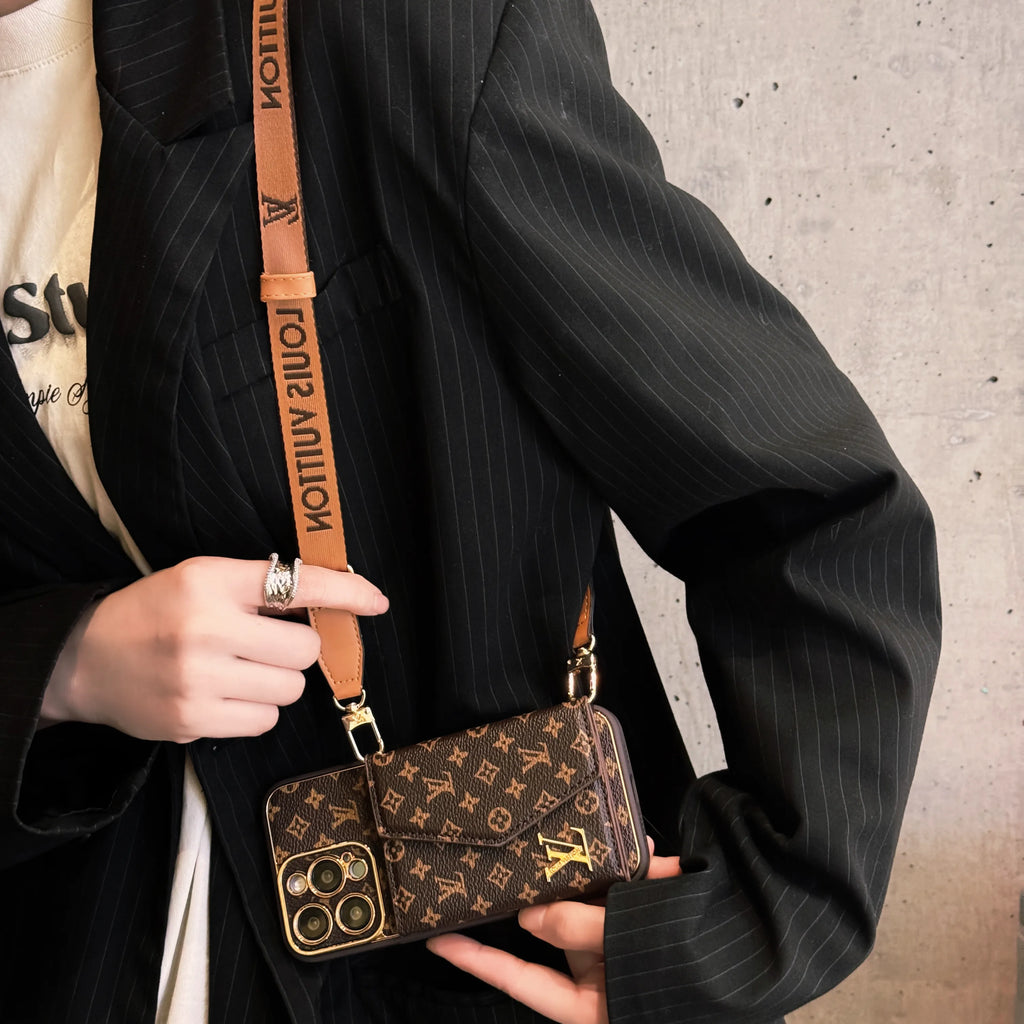 Monogram iPhone Case With Wallet And Strap Brown Small Printing