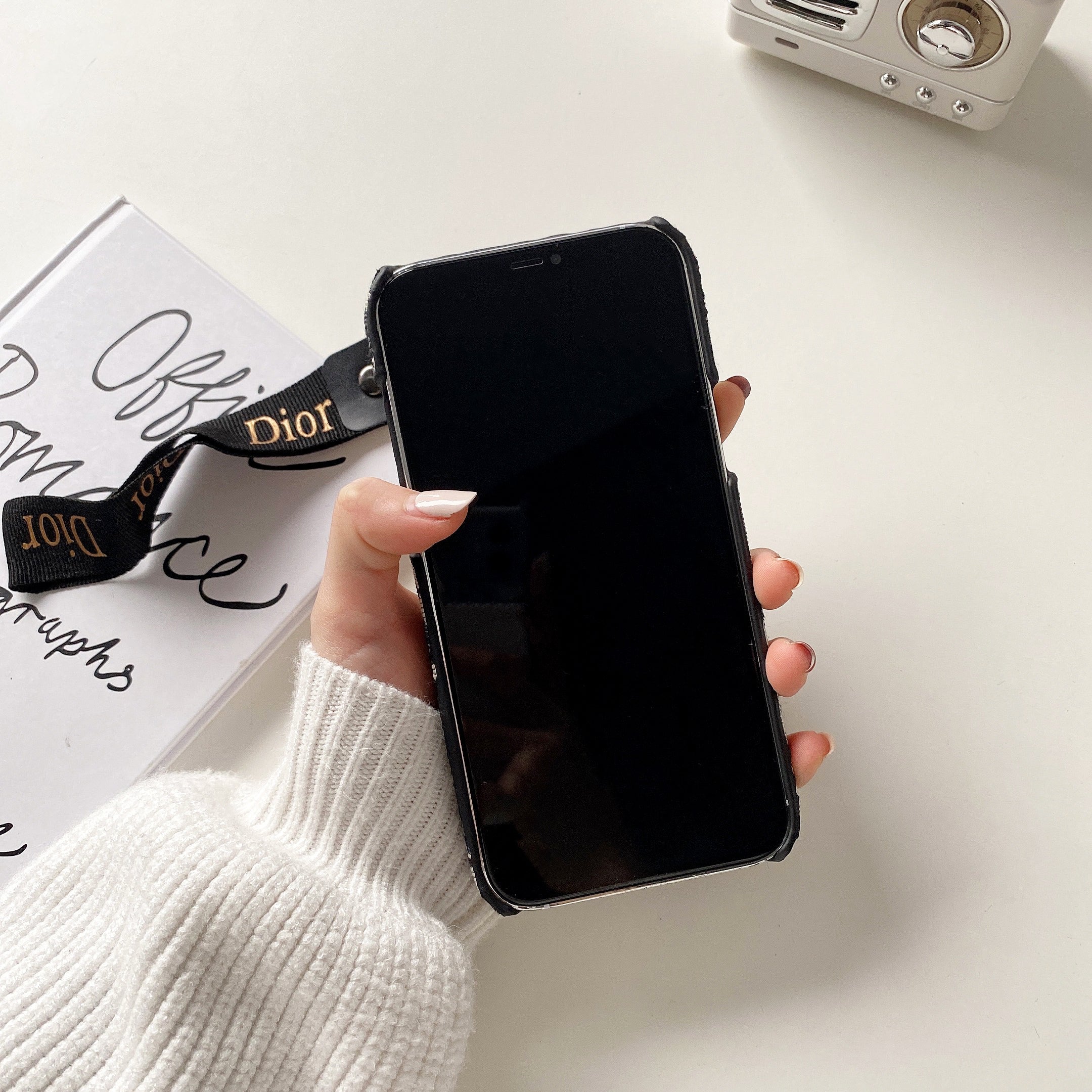 CD Monogram iPhone Case With Strap — Black