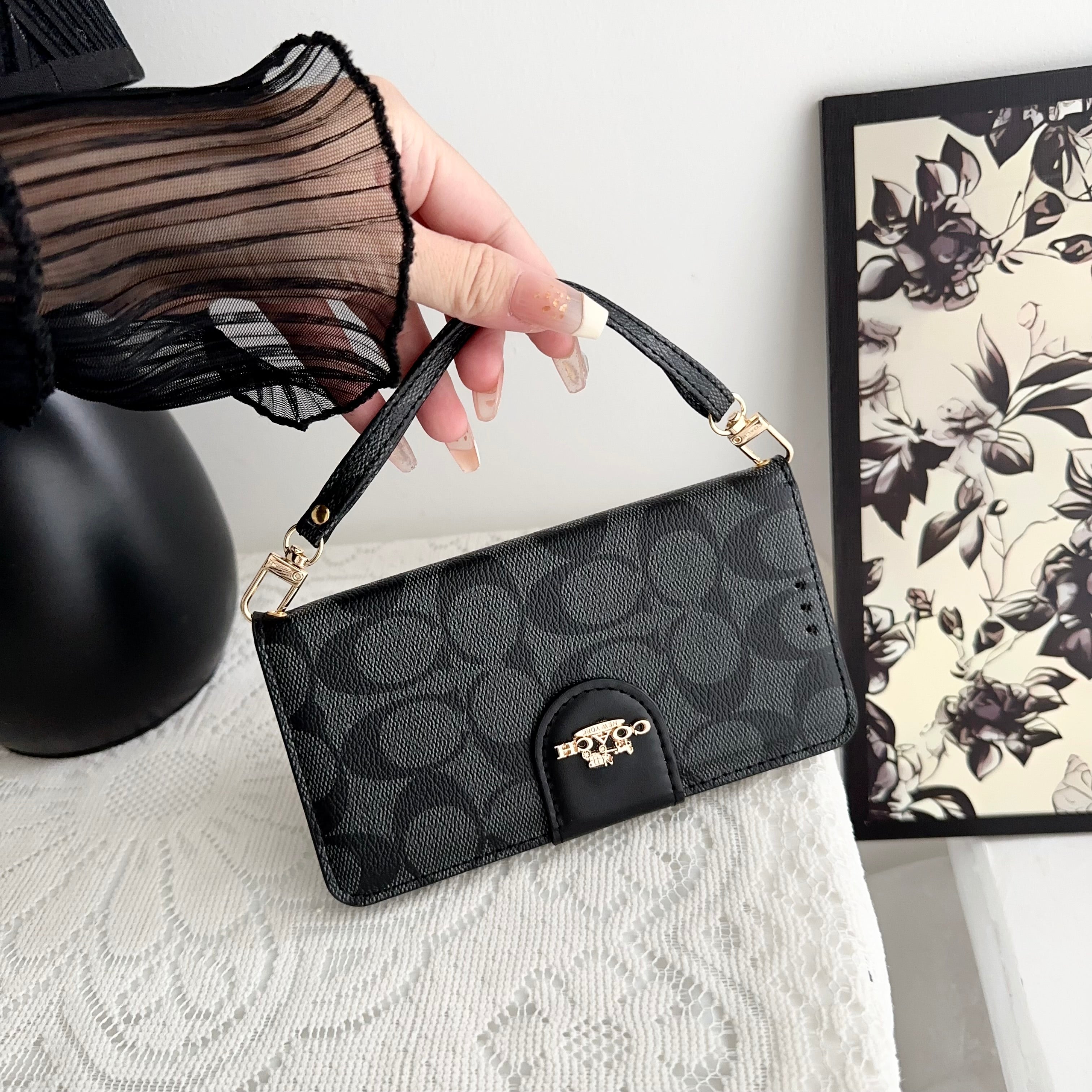 Classic Leather Flip iPhone Case with Card Holder Black