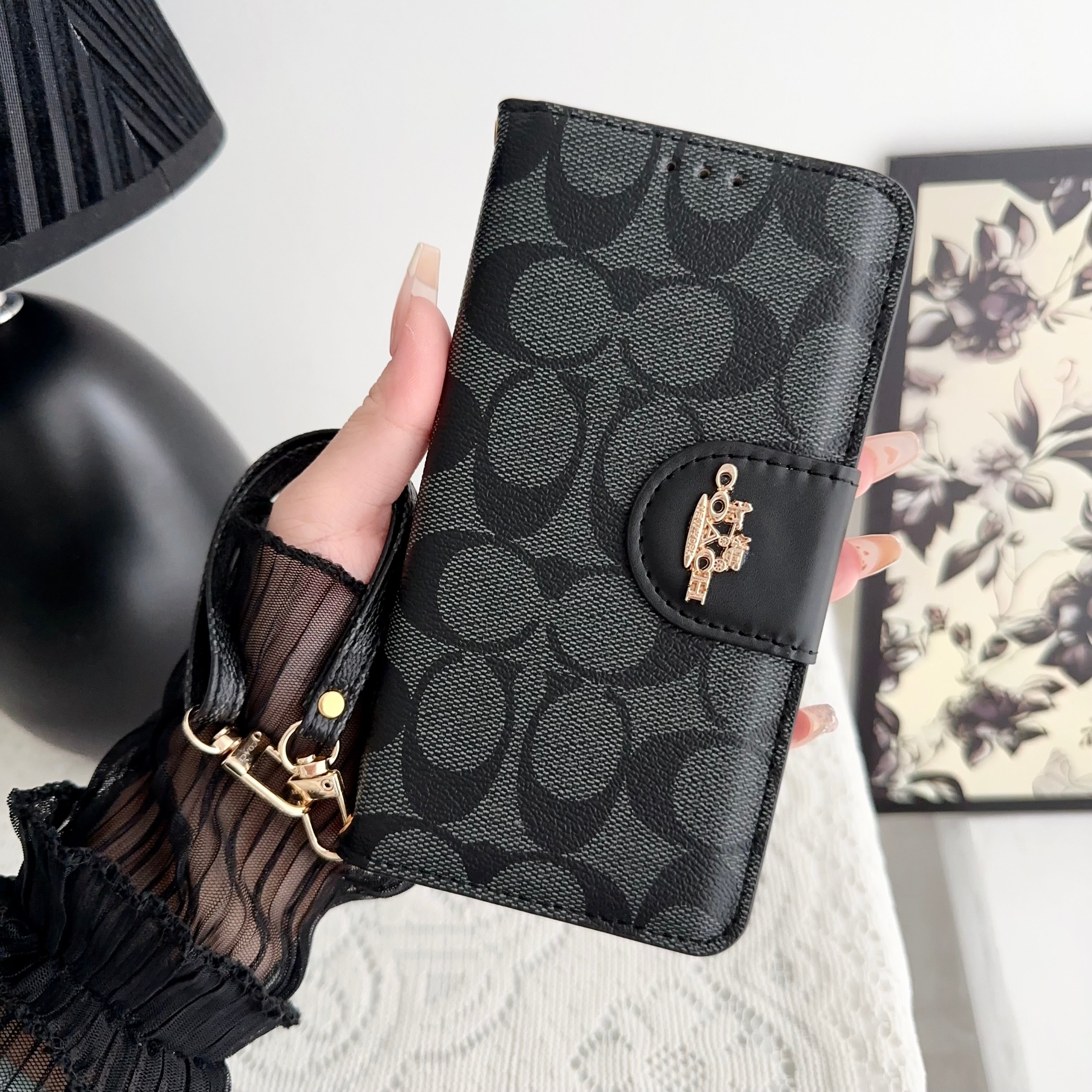 Classic Leather Flip iPhone Case with Card Holder Black