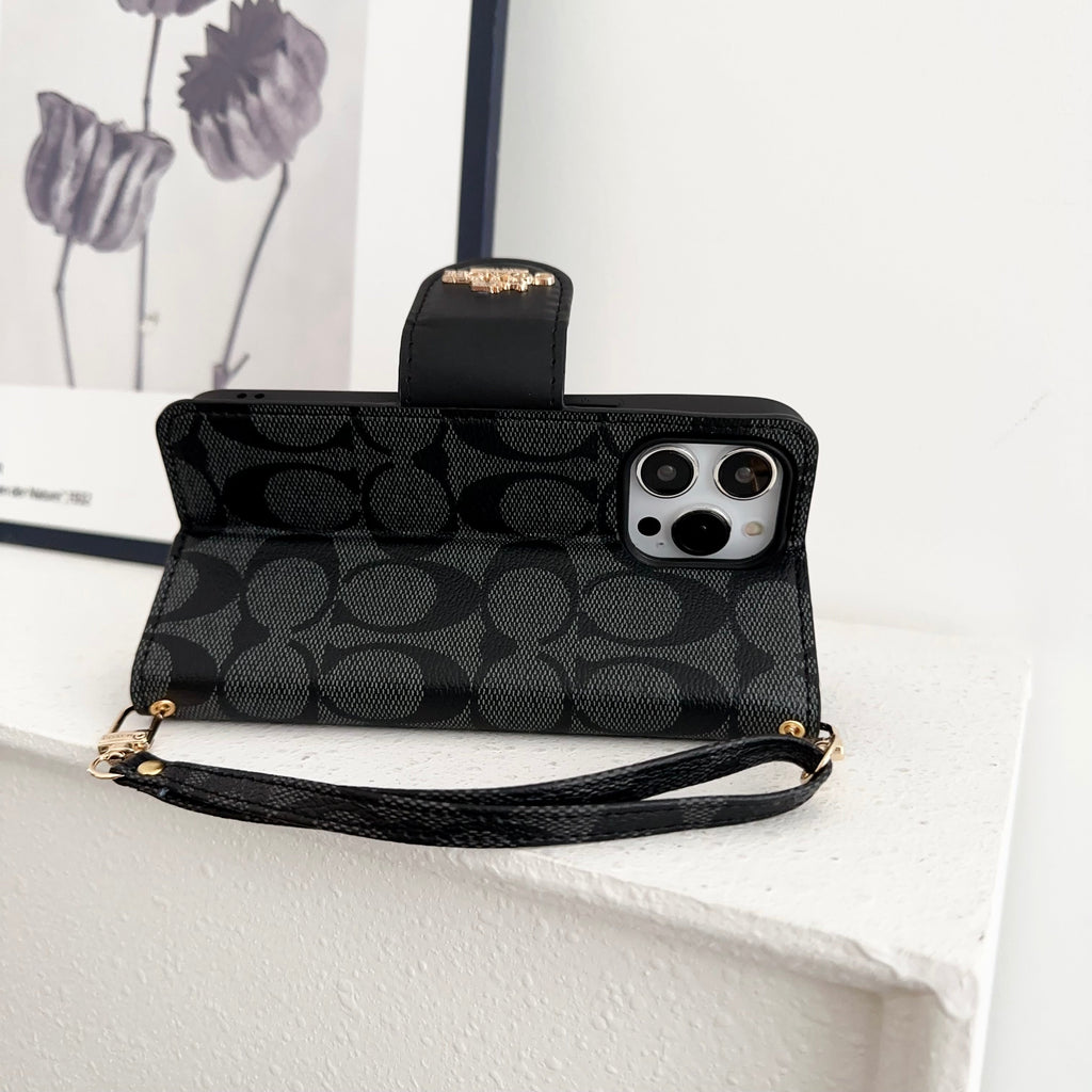 Classic Leather Flip iPhone Case with Card Holder Black